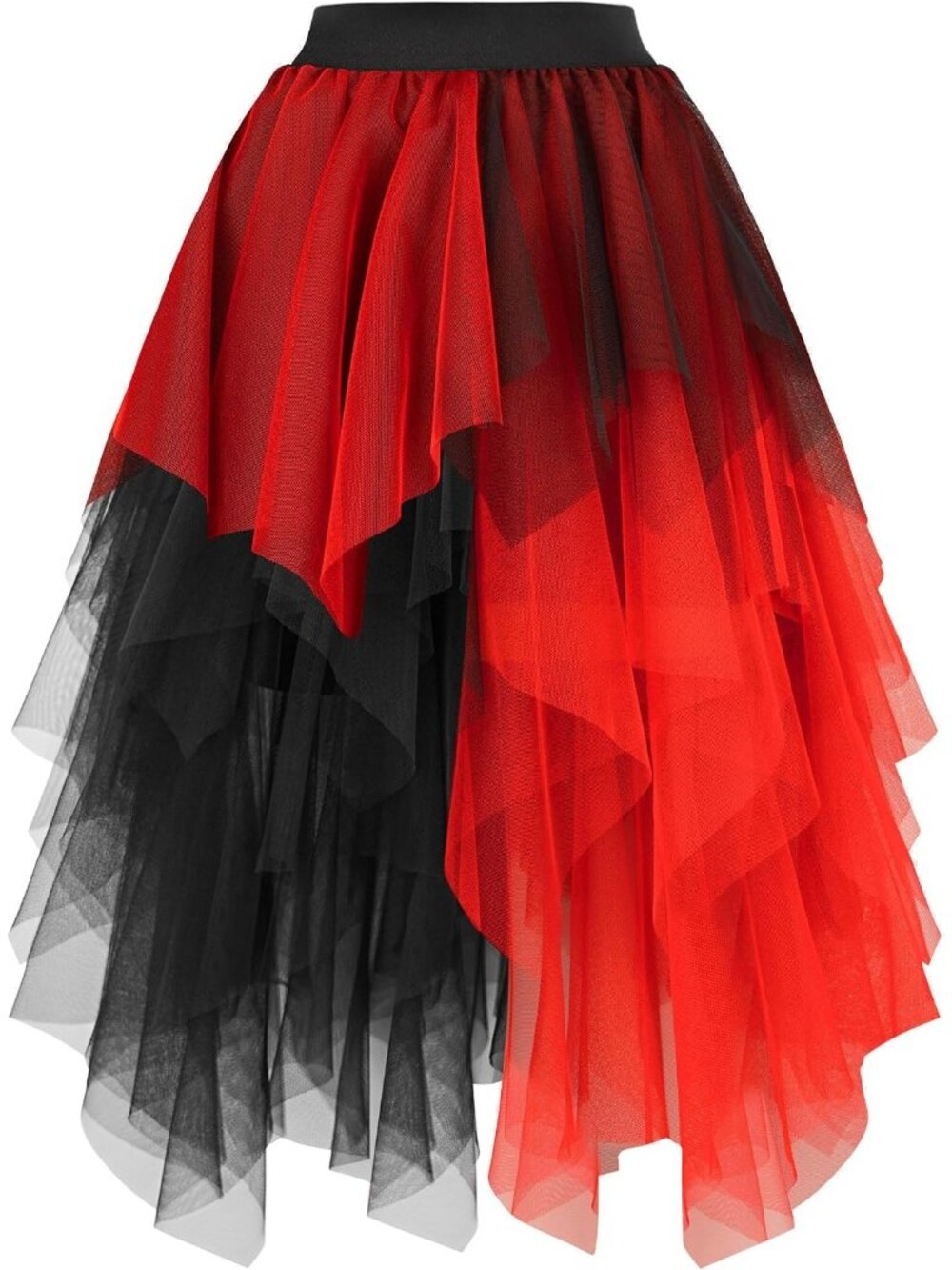 Women's Black Red High Layered Asymmetrical Puffy Fairy Midi Length Tulle Skirt